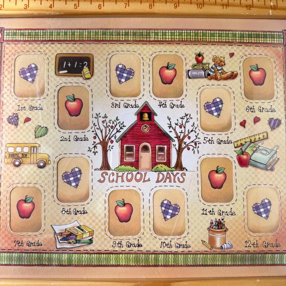 School Days 1st-12th Grade Multi Photo Frame Ruler Wood Border 12 Openings 15x12